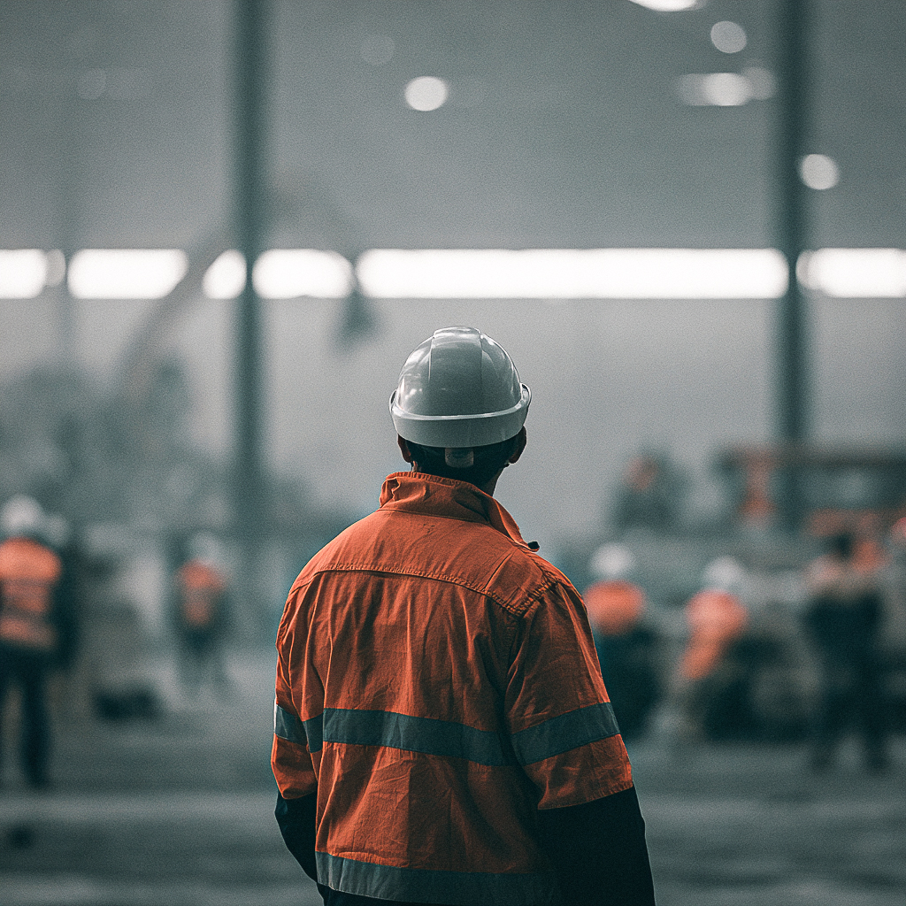 Chad Hood on a demolition site in hi-vis and hard hat